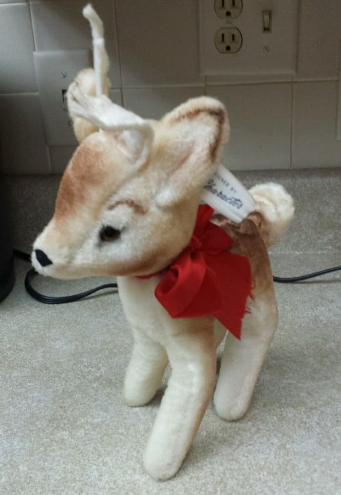 Bambie has the wonderful Character Novelty Company bendable and possible legs. They had created a method of forming plush animal figures that comprised the formation of a wire framework on the inside of the yarn material that would fill out the soft
