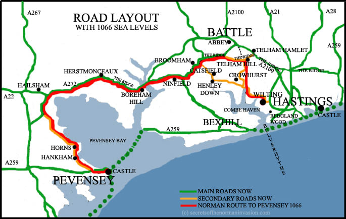 The South Coast around Hastings and Pevensey, showing the difference in coastline - the present coast is demonstrated by the pale blue area