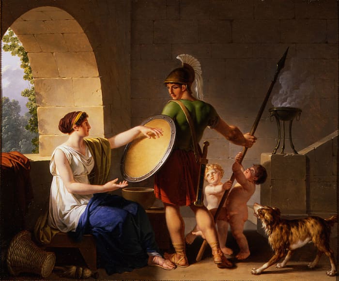 Spartan women enforced the state ideology of militarism and bravery. Plutarch relates that one woman, upon handing her son his shield, instructed him to come home "either with this, or on it"