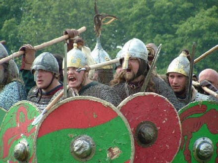 The Danes form a shieldwall, chanting for Freyja to come for their warrior dead - when Odin had taken his dead for the Einherjar, Freyja and her handmaidens the Valkyries would come for their share of the heroes