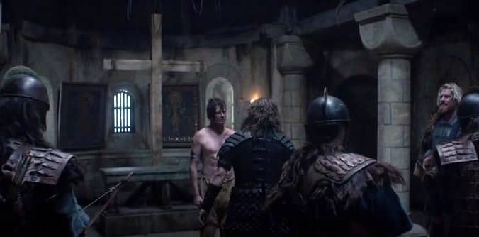 Scene from 'The Last Kingdom' where Eadmund has been cornered in the church he fled to at Bury - by fleeing he denied them the honour of their victory