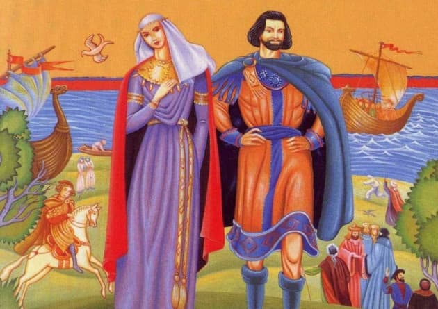 Gytha with Valdemar by the River Pochaina shore, where she first arrived in Koenungagard.