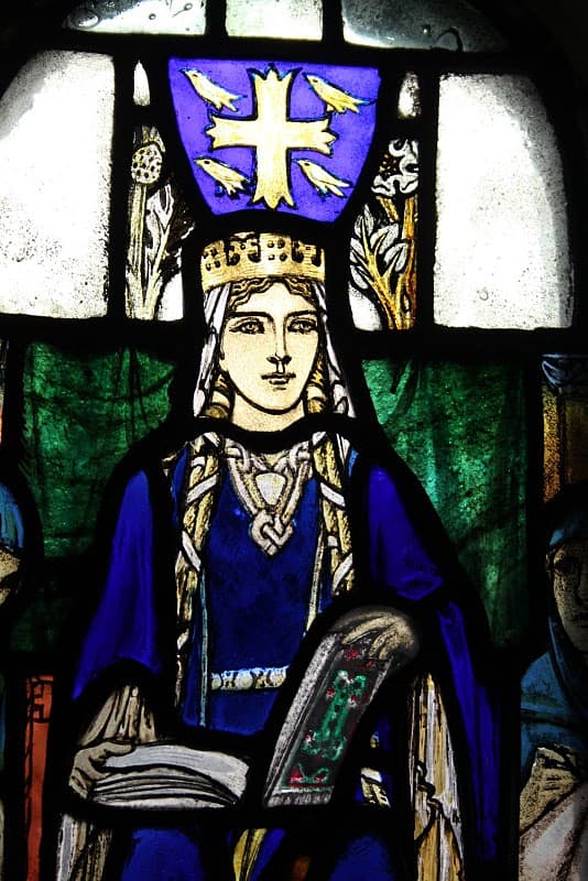 A stained glass image of Gytha as a married woman - she was patron to the church of Saint Pantaleon in Cologne, and a smaller church dedicated to him was built in the Ukraine