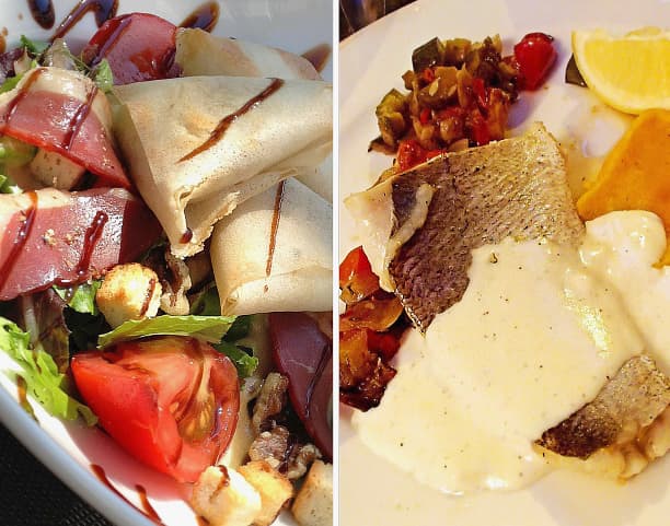 Left: Le Vip's smoked duck salad with goat cheese pockets. Right: White fish with lemon sauce, puree pumpkin, and Provencal style vegetables.
