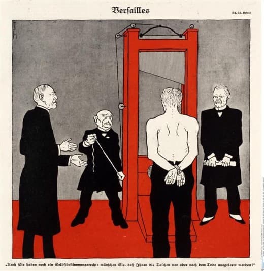 A typical German vision of the treaty: an allegorical Germany is faced with a guillotine, held by Clemenceau and watched by the British and Americans. Also painfully inaccurate.