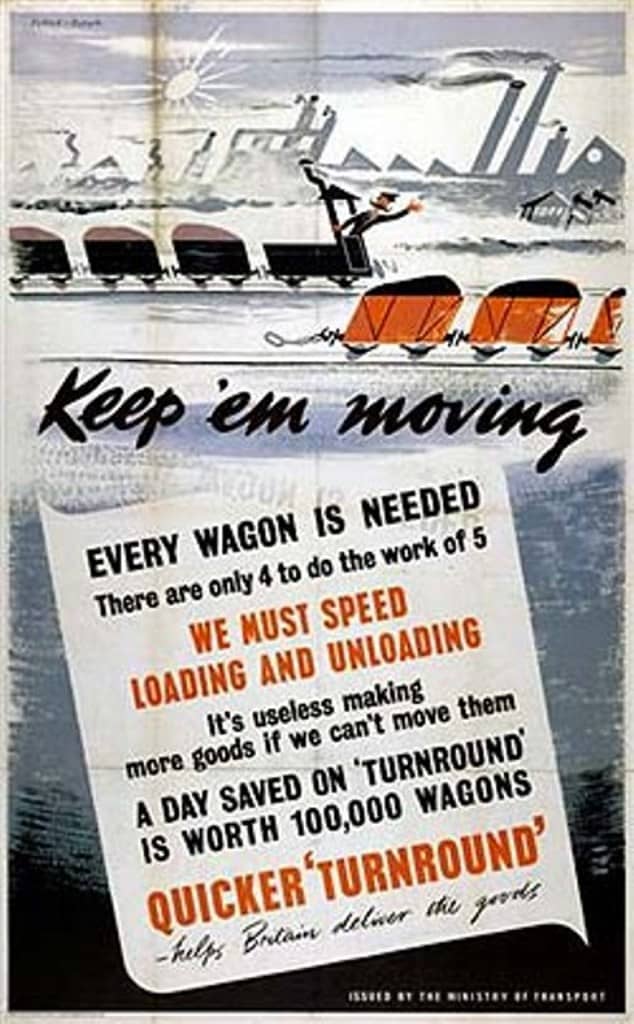 "Keep 'Em Moving" - let the travelling public know the poster department's not just there for summer holidays, Christmas time or boat trains to the coast. There's war work to be done! "Keep 'em busy, no slacking - come on you at the back!"