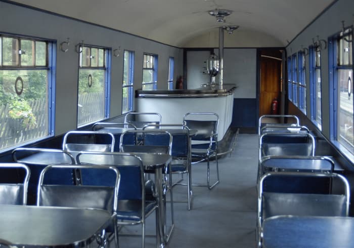 ...And on the inside, seen here at Grosmont Station, 1930s style chrome chairs and tables with chrome-surfaced service counter and urns for hot drinks