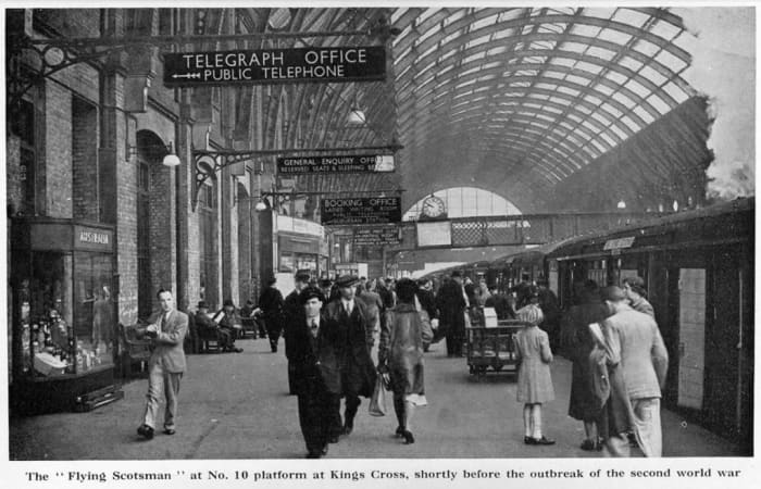 Pre-war scene at Platform 10, King's Cross station, and 10 am non-stop Flying Scotsman service awaits the 'off'