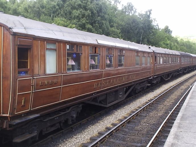 The LNER Coach Association (LNERCA) based at Pickering on the North Yorkshire Moors Railway (NYMR) restores various types of Gresley and Thompson stock - this is a Restaurant Car in teak finish as in pre-British Railways livery