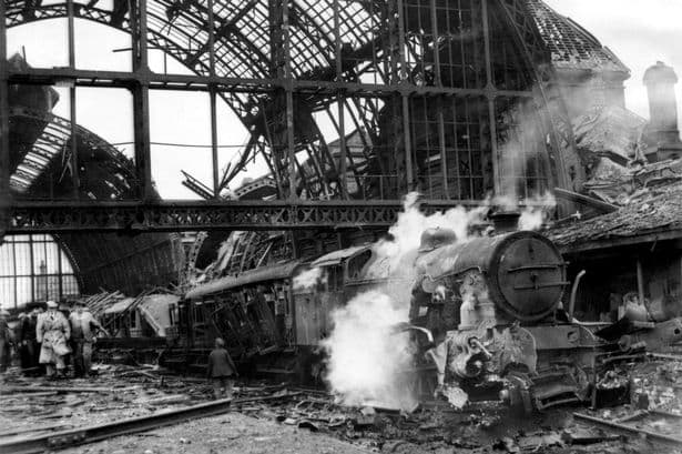 This was Middlesbrough Station on 3rd August, 1942. The air raid warning sirens had sounded in good time, passengers and others were under shelter when bombs fell. There were some personnel losses