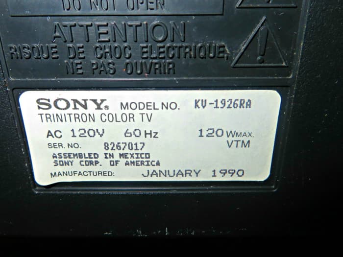 This Sony has a date of birth; it was January 1990. Back when companies were proud of their products they made sure the television had a birth date. . Assembled in Mexica for the Sony Corporation of America