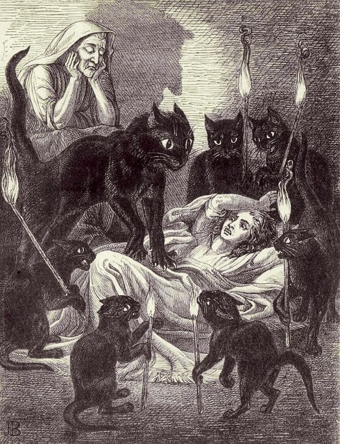 Cats Guarding the Sick Witch - Leonard's Dream from The Lances of Lynwood by Charlotte Mary Yonge, 1855 illustration by Jane Blackburn