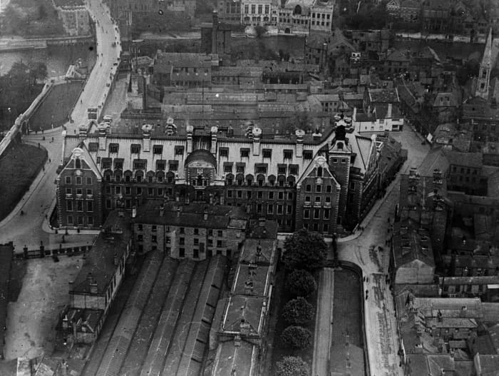 Aerial view of the old station before complete closure and lifting of the rails. This station was used latterly by the car sleeper trains to and from the north of Scotland