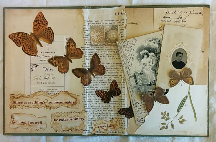 Add a pocket in your altered book anywhere you would like. The pocket can hold tags, photos, or whatever you would like.