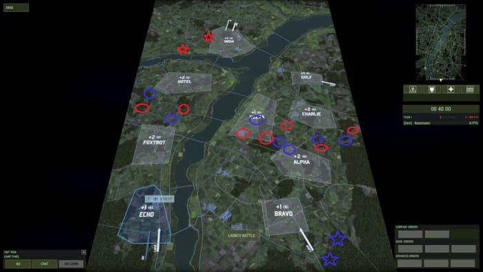 Red for India, blue for Echo, with circles being where troops are deployed or recon pushed up to, and stars representing picket forces. The principal contention point tends to be the city in Delta where both want to take it normally.