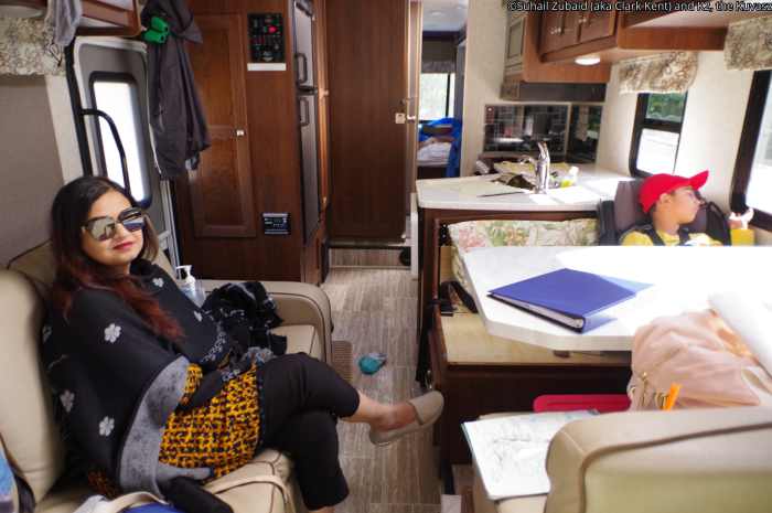 The RV was spacious. Apologies to my wife, whose picture has come out distorted because of the extreme wide angle lens used.