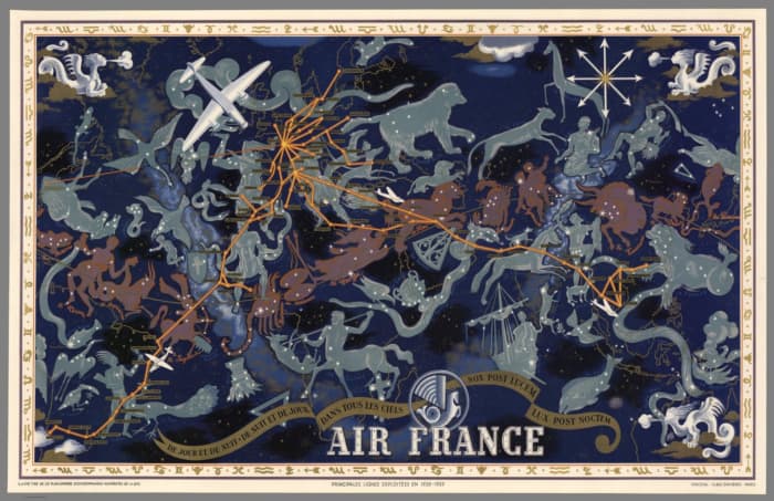 A (principal) route map for Air France in 1938. In actuality, the French air network was even larger.