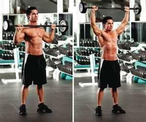 The photo shows the hand position after pulling the barbell upwards and flicking hands under the bar then pressing the bar upwards.