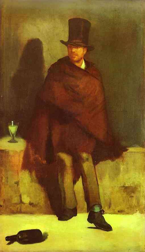 Note the big blocks of colour in Manet's 'The Absinthe Drinker' very unlike the typical light, bright varied colours of the typical Impressionist style
