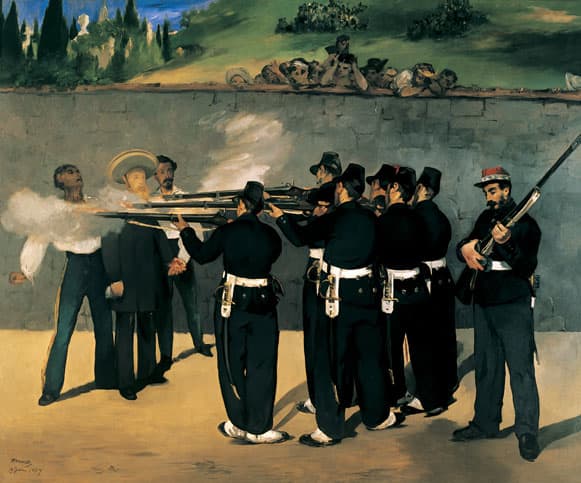 The Execution of Maximilian was a controversial painting by Edouard Manet. Maximilian was an Austrian, installed as Emperor in Mexico by Napoleon. But when Napoleon's troops withdrew, the Mexican forces executed him.