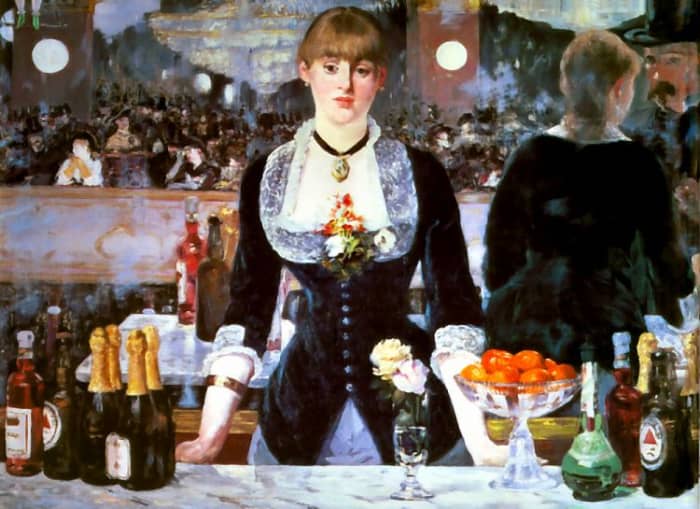 Even though there is the same emphasis on light in this painting, there is an overall brighter feel in Le Bar aux Folies Bergere compared to The Absinthe Drinker.