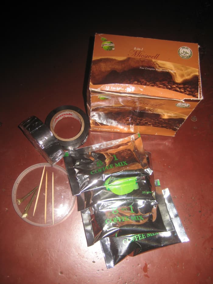 1. Materials to be used for electricity reducer - coffee mix, electrical tape, toothpick or lemon thorns