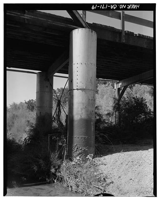 Lally columns supporting truss of Red Bank Creek Bridge, Red Bluff, California.