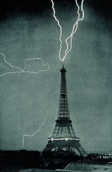 The Eiffel Tower is struck by lightning in this 1902 photo. Ground-to-cloud lightning often originates in tall structures like this.