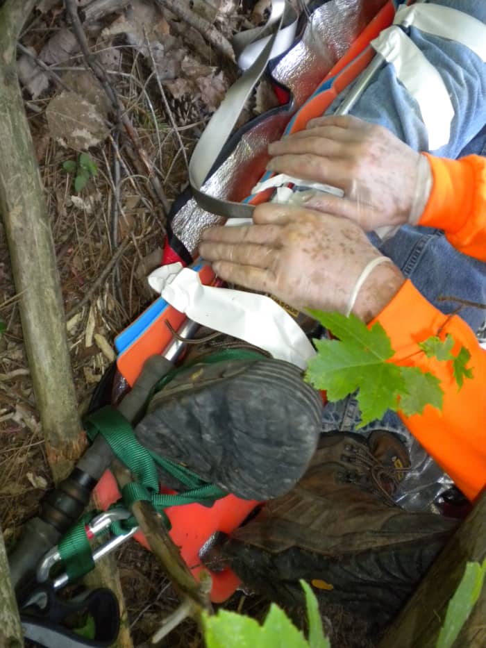 Here during Search and Rescue training, we build a field expedient traction splint with a trekking pole. Improvisation is key with first aid emergencies.