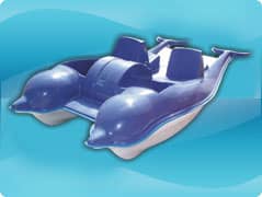 cute pedal boat in the shape of two dolphines in blue and white