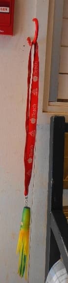The hall pass is bright, large but not too embarrassing to carry, and always on a hook next to the door.