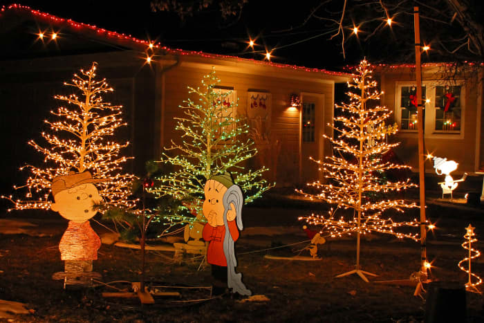 Charlie Brown and Linus stand in front of lighted trees. You can spot Snoopy playing hockey in the background.