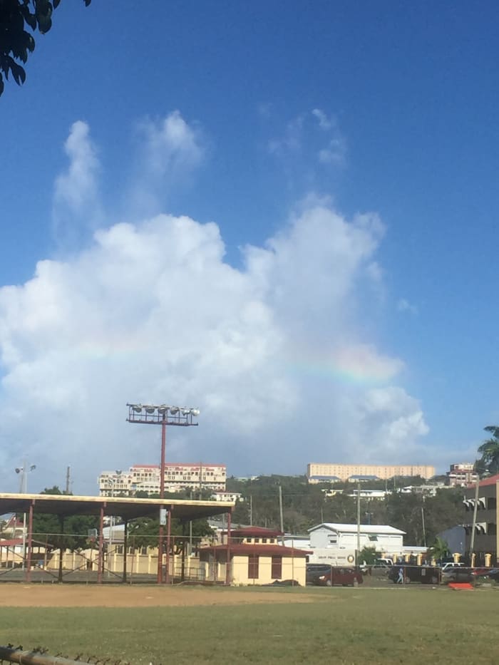 August 22, 2018 @8:27am. The rainbow shined over Griffith Park. GERS building in the back ground too