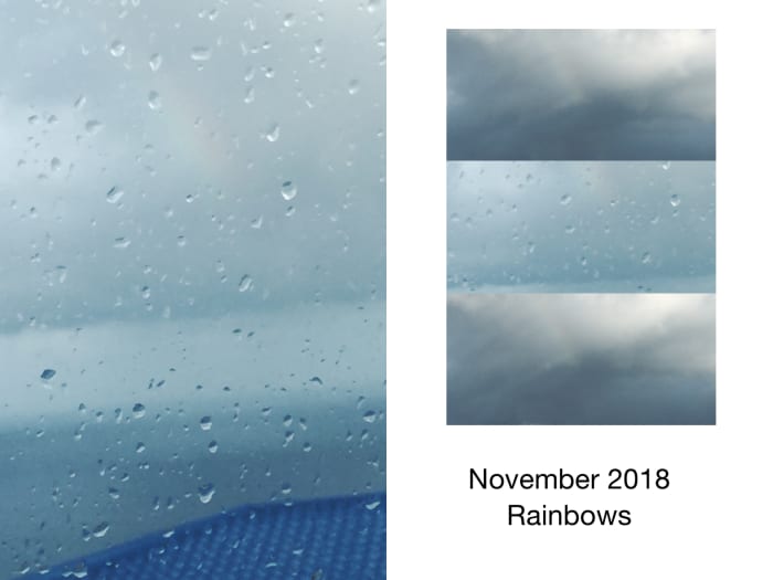 November 15, 2018 @ 7:28am, captured over looking Bourduex, westward at Puerto Rico. It was pouring rain and still a small reflection of the sun has given a spectrum rainbow in the gray clouds. WOW.