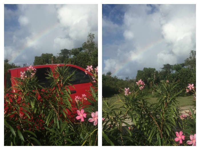 August 22, 2018 @ 8:11am. Brewers beach, uvi center road flowers. I pass the second speed bump from West and wow the Rainbow expanded to the amazing view, just then a red truck passes. Yup a rainbow in it’s angles.