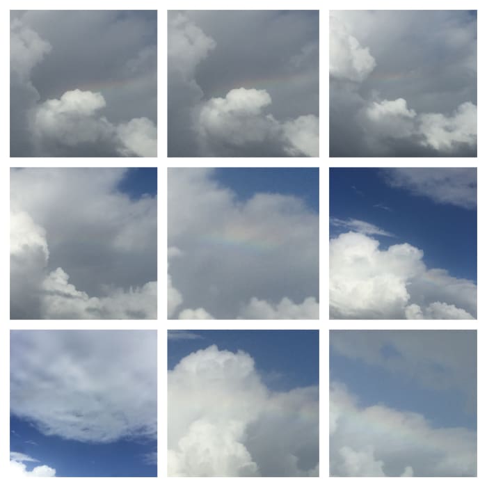 January 27, 2018 @ 3:57pm, Saturday in between the clouds, sneaky but I found it. I found the Rainbow, smile.