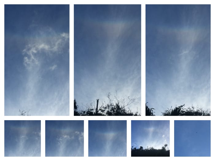 March 26, 2018 @ 5:38pm. The spectrum on this day kept its shine. I arrived home. Amazed by my findings of Rainbows fractions and angles. I look up in the angle from my driveway and look the Rainbow continues in an 60 angle.