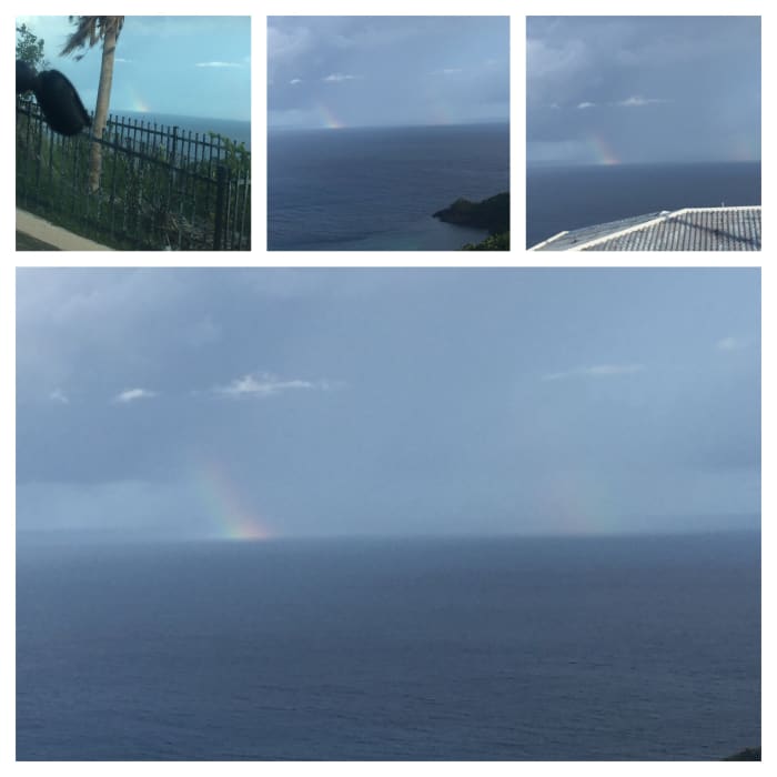 November 5, 2017 @ 8:30am viewing westward of St. Thomas. In the distance is Puerto Rico. A splash of rainbows in the ocean. Great!
