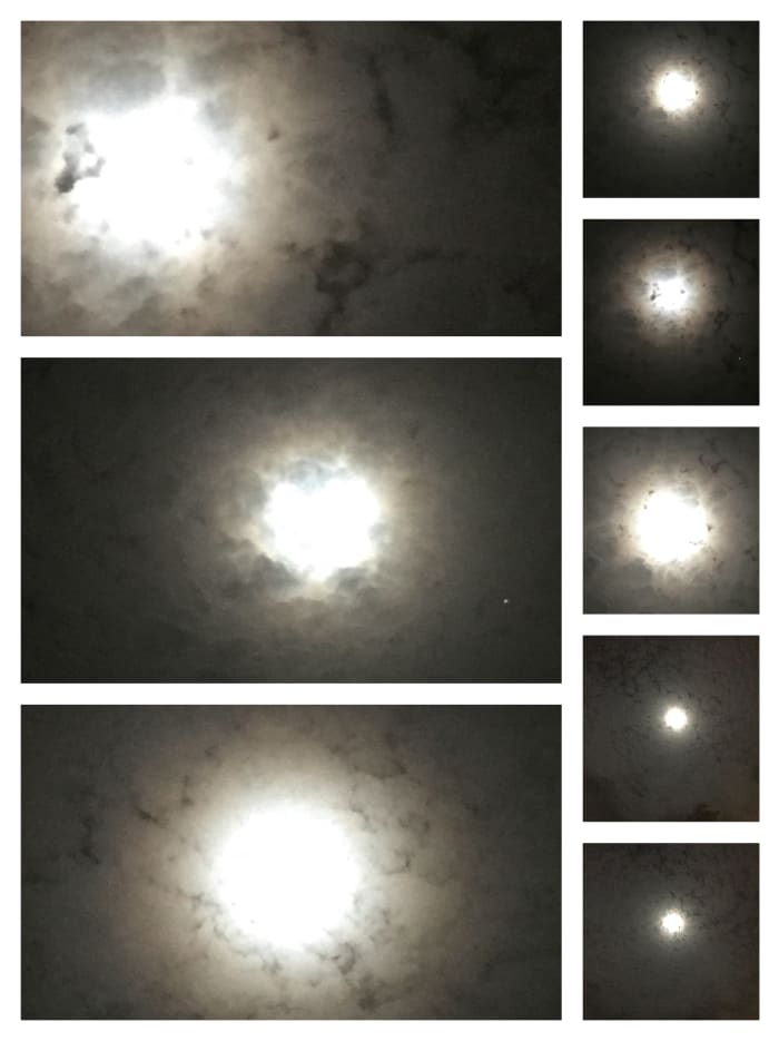 Captured a Moonbow on Friday July 27, 2018. 11:15pm. Phenomenal view. The clouds appeared to be Pillow clouds or cotten clouds. The moon shine in the center of the surrounding of clouds. Giving a view of the Yellow, orange and blue glow to the sky.