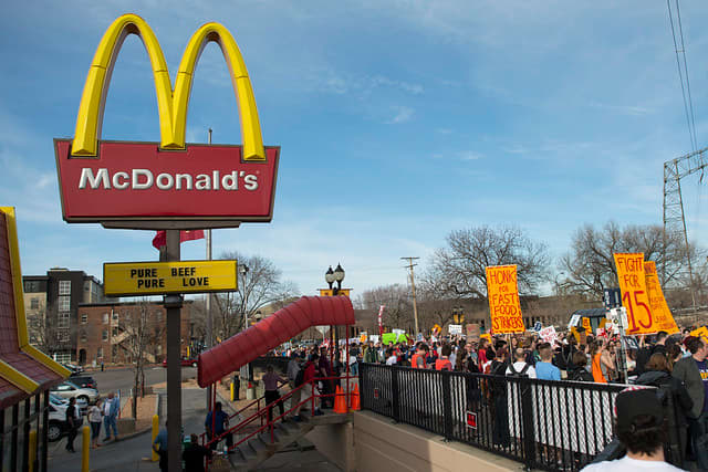 Crew on strike for a $15.00/hour minimum wage in Minnesota in 2015. Is $15.00 too high, too low, or about right?
