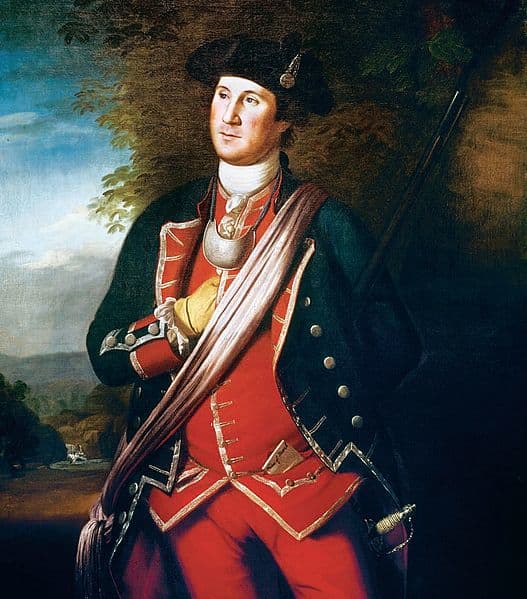 Washington as a redcoat. Charles Wilson Peale painted him in his French and Indian War uniform in 1772.