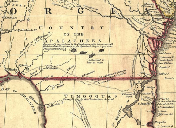 Southeastern Georgia and northeastern Florida, showing the coast between St. Augustine and Charleston, 1757. Image courtesy Wikimedia Commons.