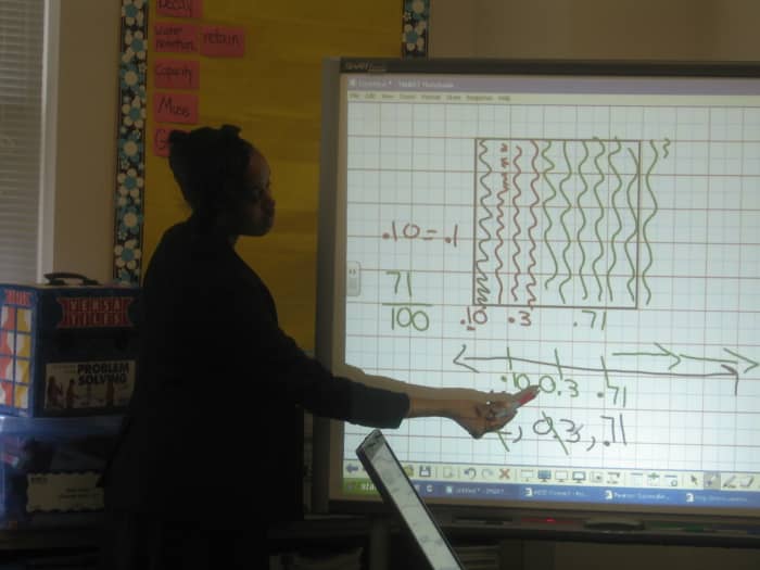 Here using a Smartboard in the classroom I show students how making a 10X10 grid can help with understanding fractions.