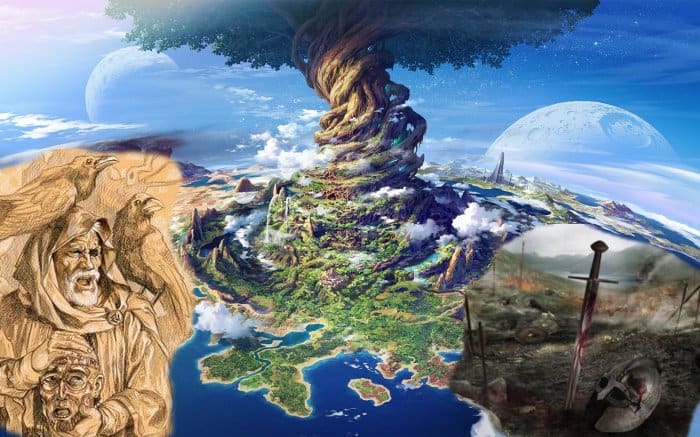 Odin, the Allfather with Yggdrasil the World Ash Tree - the Norsemen and Aengle venerated the ash. On Odin's shoulders are his ravens, Huginn and Muninn (Thought and Memory)