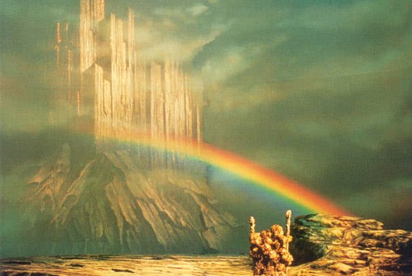 Asgard, home of the gods seen from Midgard, the world of men. Linking them is the rainbow bridge Bifroest, presided over by the all-seeing, all-hearing Heimdall - also known in another story as 'Rig' (cf)