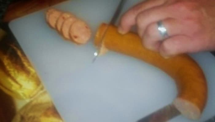 Slicing the Hillshire Farm Kielbasa into bite sized pieces. Be creative and choose different flavors depending on what your family prefers; whether it be hot and spicy, mild, or another delicious flavor.