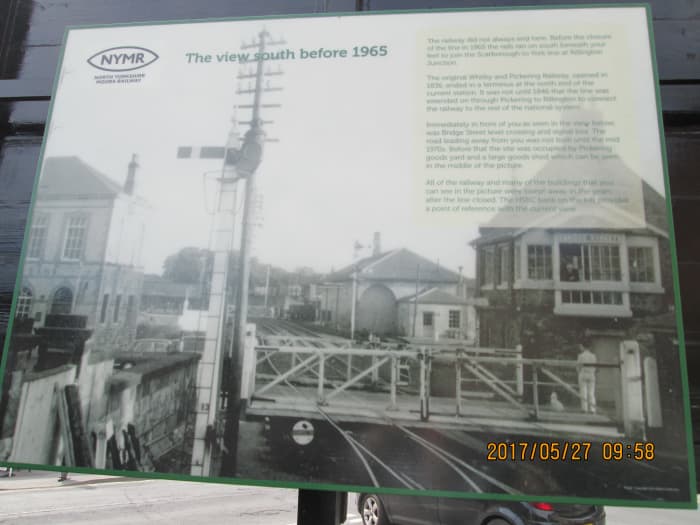 At the end of the headshunt a board shows the scene before closure in 1965. Past the Pickering-Helmsley road a three-way junction led east to Scarborough by Forge Valley, west to Helmsley by Kirkbymoorside, on to Rillington Junction for York/Scarboro