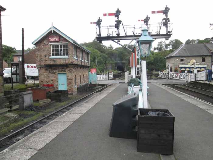 The four 'doll' bracket signal on the 'Up' platform with the signal cabin behind to the left.