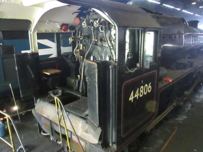 BR Midland Region Class 5 4-6-0 awaits repair in the workshop at Deviation Shed - nicknamed 'Black Five', these Stanier locomotives were the LMS version of the LNER B1 4-6-0 nicknamed 'Bongos' (mostly named after African antelopes)'