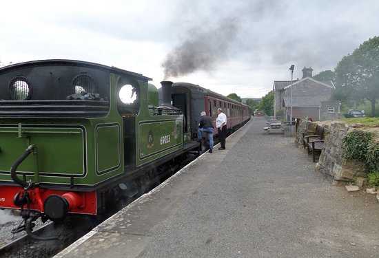 Redmire Station is currently the end of the line - kept open by stone traffic for Teesside chemical and steel processing. Here NELPG's 1951-built J72 69023 rests awaiting departure for Leeming Bar near the A1(M)